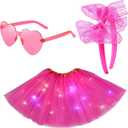 Light-Up Tutu Women, Neon Pink Tutu Skirt, Glow in The Dark Tutu Outfit for Women Adults, Dance Performances, Themed Parties, Pink 3pcs Tutu Skirt Set with Hair Accessories and Glasses