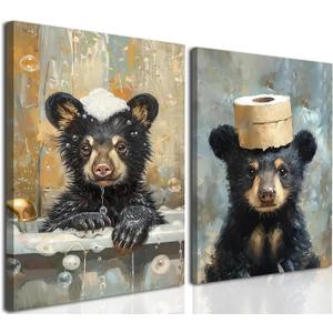 Bear Bathroom Wall Art Set of 2 Funny Animal Pictures Wall Decor Canvas Black Bear Decor Prints Cute Humorous Paintings for Bathroom Restroom Home Decoration 16×24 inch Framed
