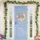 2 x 3D Easter Decoration Wooden Door Wreath for Front Door Sign Happy Easter Bunny Egg Wreath Hanging Wall Decor with Colorful Flowers for Home Indoor Outdoor Party Decor