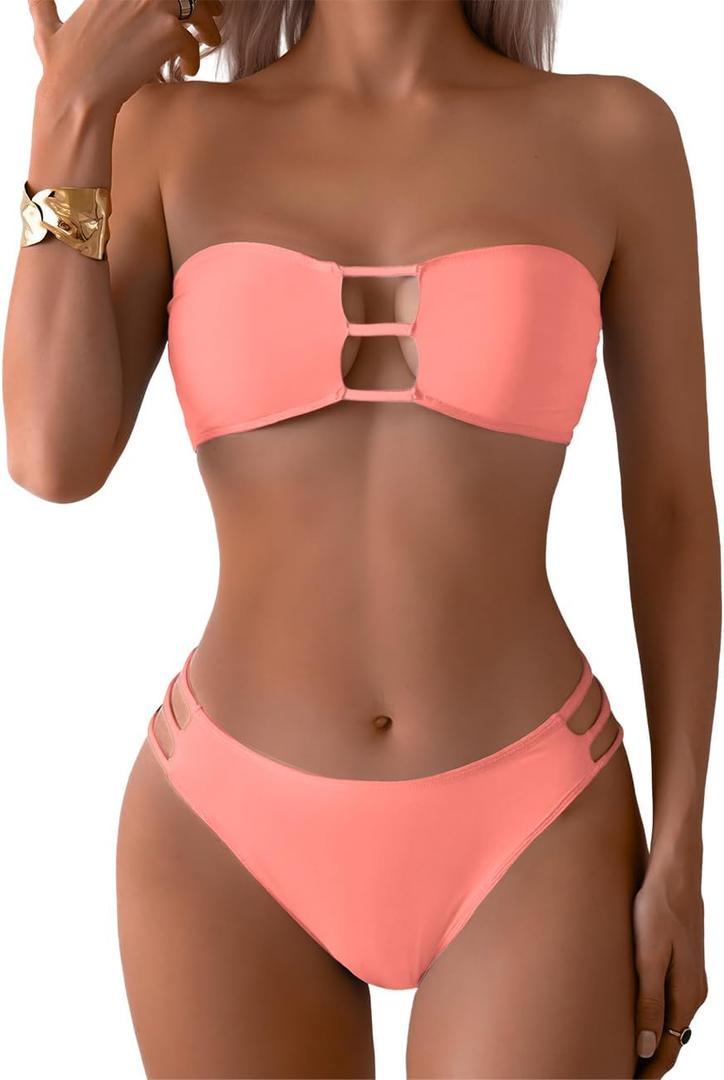 Tainehs Women's Two Piece Strapless Bikini Sets Bandeau Cutout Swimsuit High Cut Bathing Suits (Coral Pink) Small