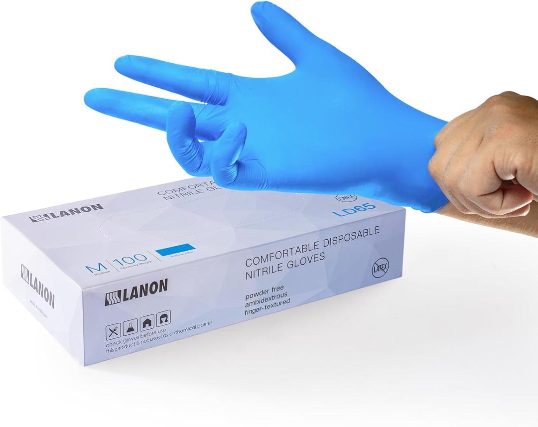 LANON Protection Blue Disposable Nitrile Gloves, Silicone-Free, Food-Safe, Chemical Resistant, Powder-Free, Textured Fingertips, Cooking, Cleaning, Case, Medium, 100 Count 