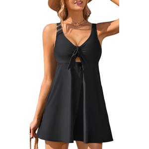 Charmo One Piece Swimsuit Women V Neck Bathing Suits Cutout Tie Knot Swimdress with Pockets Tummy Control Swimwear Black S