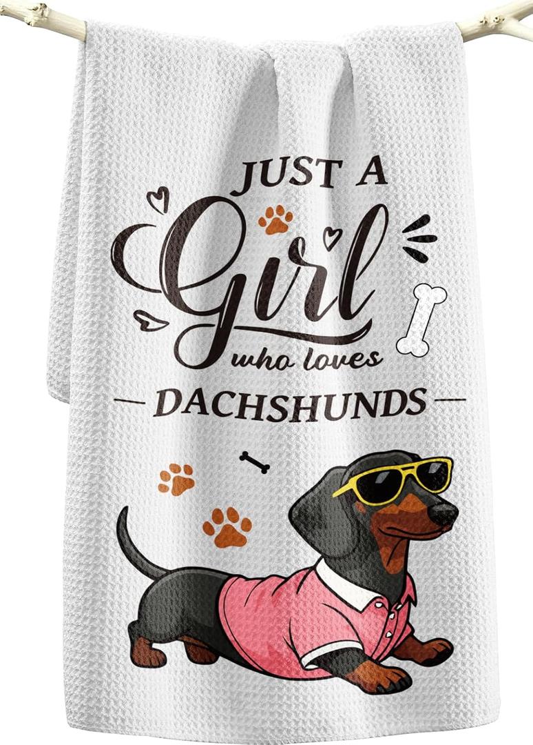 Miss Adola Dog Funny Kitchen Towels - 15x28 Inch Decorative Waffle Microfiber Dish Cloths Cute Absorbent Reusable Hand Tea Towels with Hanging Loop Dachshund Gift for Dog Lovers