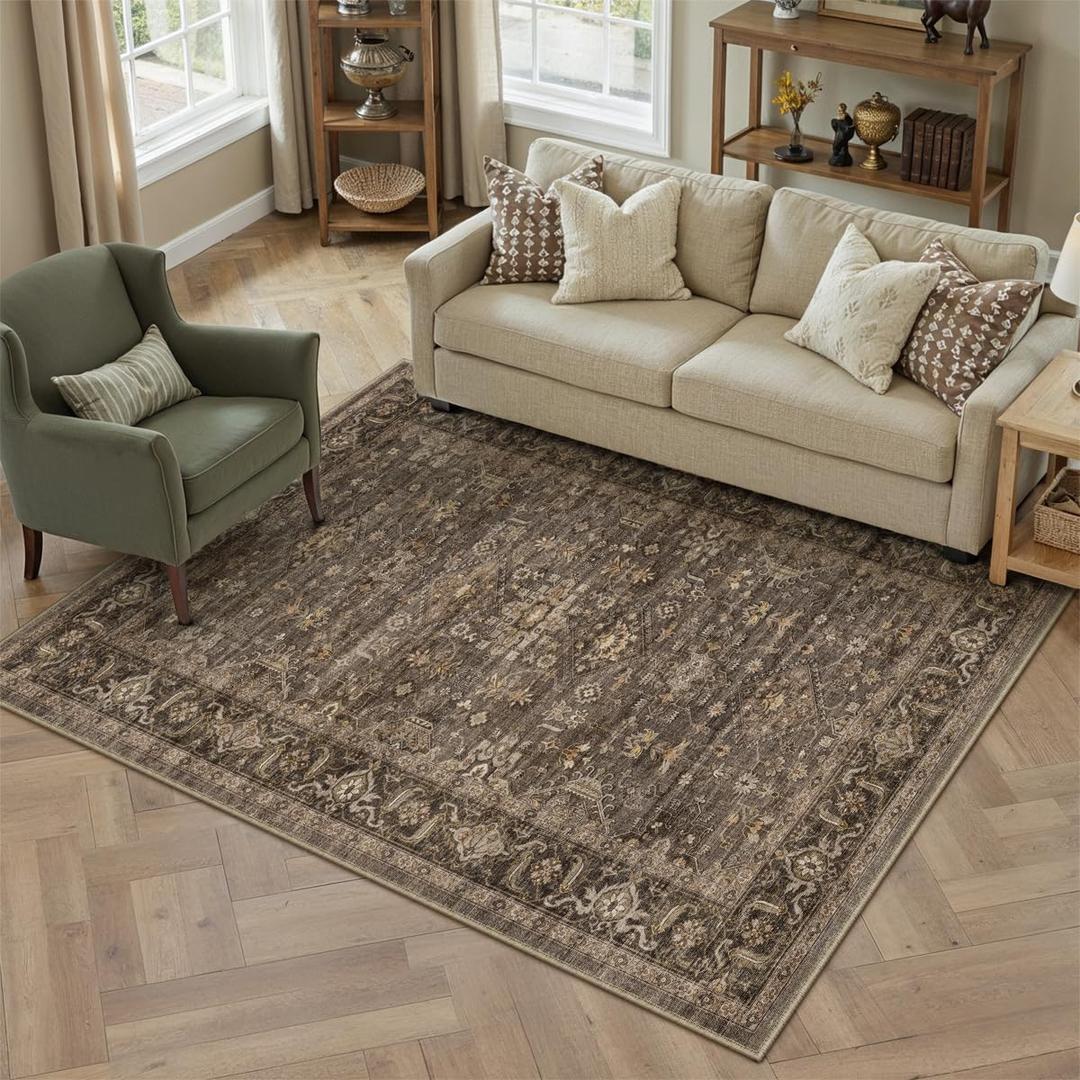 4x6 Washable Area Rug for Living Room Bedroom Vintage Brown Soft Low Pile Carpet Traditional Retro Non Slip Throw Rug for Dining Room Entryway Indoor Dorm Kitchen