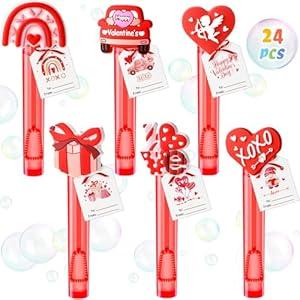 Winrayk Valentines Party Favors for Kids Mini Bubble Wands Bulk with Card, 24 Pack Mini Bubbles (Original Design, 6 Style), Birthday Goodie Bag Stuffer Exchange Valentines Day Gifts for Kids Classroom