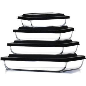EATEX 8-Piece Deep Glass Casserole Dishes for Oven with Plastic Lids, Glass Baking Dishes for Oven, Rectangular Bakeware for Lasagna, Cooking, Leftovers, Kitchen, Freezer to Oven Dishwasher Safe (4 Pack)