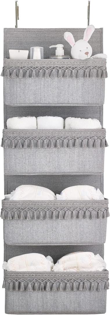 Dahey Over The Door Organizer Boho Nursery Storage Decor Closet Hanging Organizer with Tassels Decoration for Bedroom Nursery Bathroom Apartments Dorm Pantry, 4 Pockets, Grey (Medium)