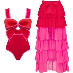 FLAXMAKER Bow Front Cut Out Color Block One Piece Swimsuit and Skirt (Large)