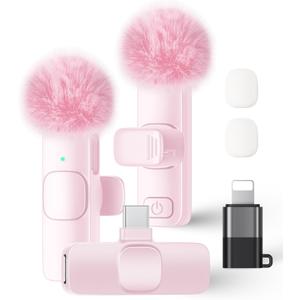 Wireless Lavalier Microphone for iPhone iPad and Android Phone, 2 Pack Lapel Mic Plug and Play Wireless Mic Noise Reduction Microphone for Video Recording Interview Podcast Vlog YouTube Tiktok (Pink)