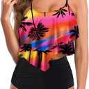 Womens Tankini Swimsuits Ruffled Tank Top Tummy Control Floral Modest Swimwear High Waisted Bikini (Large, Red Palm)