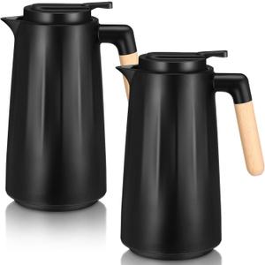 2 Pcs 34 oz Thermal Coffee Carafe Double Wall Vacuum With Glass Liner and Wood Handle - Insulated for Keeping Cold or Hot Drinks, Milk, Tea, Hot Chocolates, Black