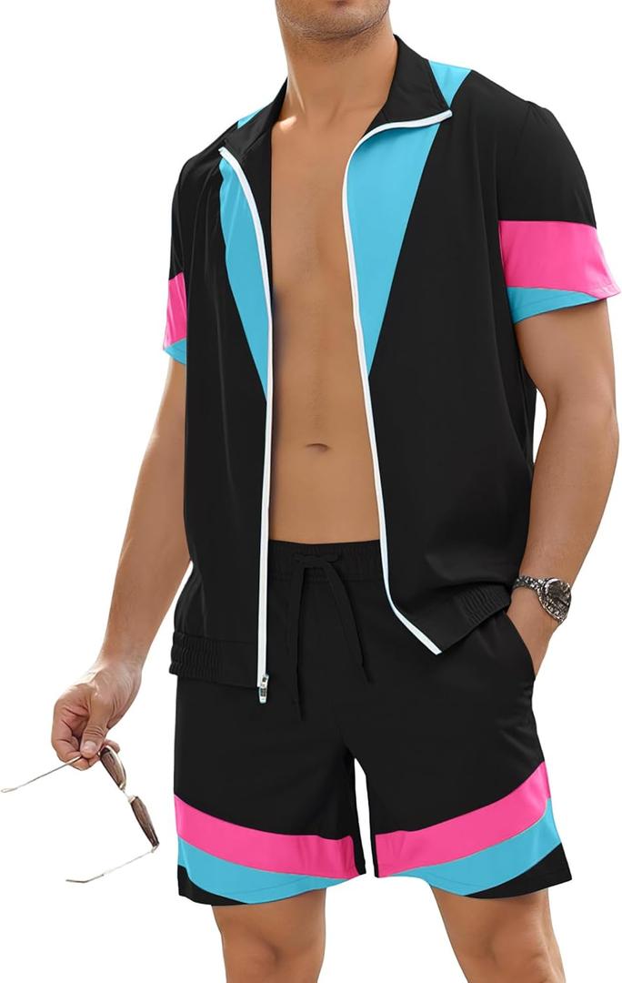 UOUA 80s Outfit for Men 90s Color Block Costumes 2 Piece Retro Short Sleeve Jacket & Shorts Set for Party (M)