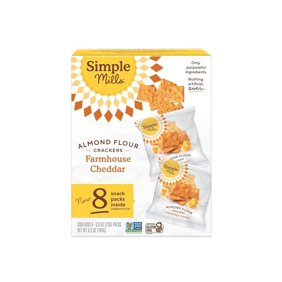 Simple Mills Almond Flour Crackers Snack Packs, Farmhouse Cheddar, Gluten Free, Flax Seed, Sunflower Seeds, Corn Free, Good for Snacks, 6.5 oz, Pack of 1 (8 Bags per Box) BBD: 06/02/2026