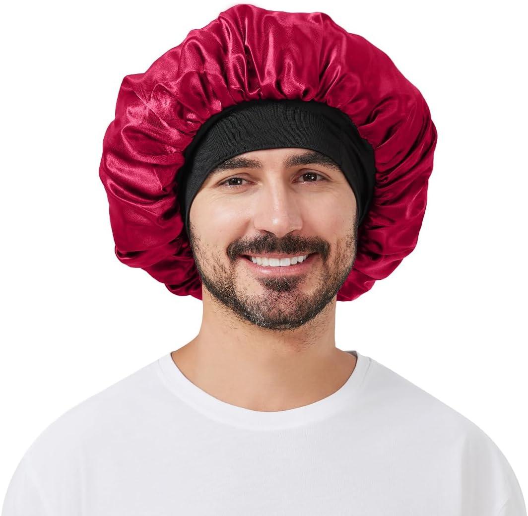 Satin Bonnet for Men, Silk Bonnet for Sleeping with Wide Band, Soft Hair Bonnets for Natural Curly Hair Braids (A03-red)