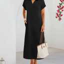 MEROKEETY Women's Summer Casual Maxi Dress 2026 Cap Sleeve V Neck Collared Beach Vacation T Shirt Long Dresses (Black, L)
