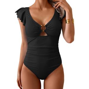 Eomenie Womens Ruffled One Piece Swimsuit Slimming Tummy Control Bathing Suit V-Neck Cutout Swimwear for Resort Wear (X-Large, Black Ribbed)