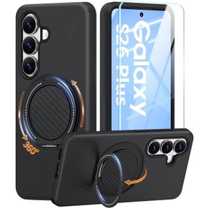 JAME for Samsung Galaxy S26+ Plus Case, Ring Holder Stand Kickstand, Dual Layer Shockproof Protective Cover with Screen Protector, Magnetic Accessory Friendly Galaxy S26+ Plus Phone Case 6.7", Black