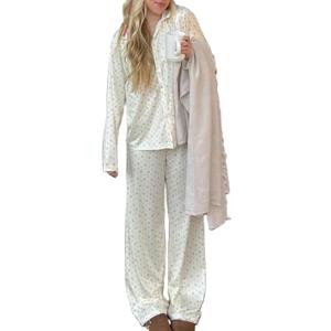 Seyurigaoka Women 2 Piece Floral Pajamas Lounge Set Y2K Long Sleeve Shirt Wide Leg Pants Sleepwear Pj Matching Sets (Medium, Beige)