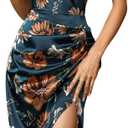 WDIRARA Women's Floral Print Cowl Neck Sleeveless Ruched Split Thigh Satin Cami Summer Dress (Floral Dark Blue, Medium)