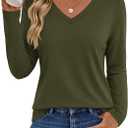 YUCOLEN Long Sleeve Shirts for Women V Neck Casual Tops Loose Fit Soft Basic Tee Business Blouses Fall Fashion Clothes (Green, L)