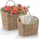 Set of 2 Wicker Hanging Basket for Organizing, Front Door, Mail, Flowers - Woven Wall Baskets for Storage (Seagrass)
