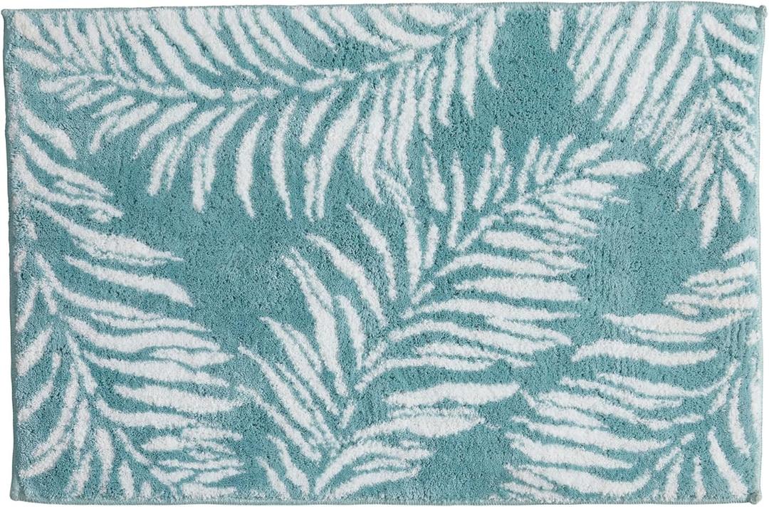 Market & Place Coastal Printed Bath Rug, Blue and White Mat, Modern Bath Decor for Tub and Shower, Absorbent Rug, 20" x 30", Palm Leaves