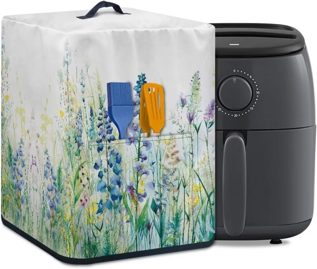 Insulated Air Fryer Kitchen Appliance Cover with Handle and Storage Pocket for Spoon/Cooking Utensils/Recipes, Easy Cleaning, Blue Green Floral