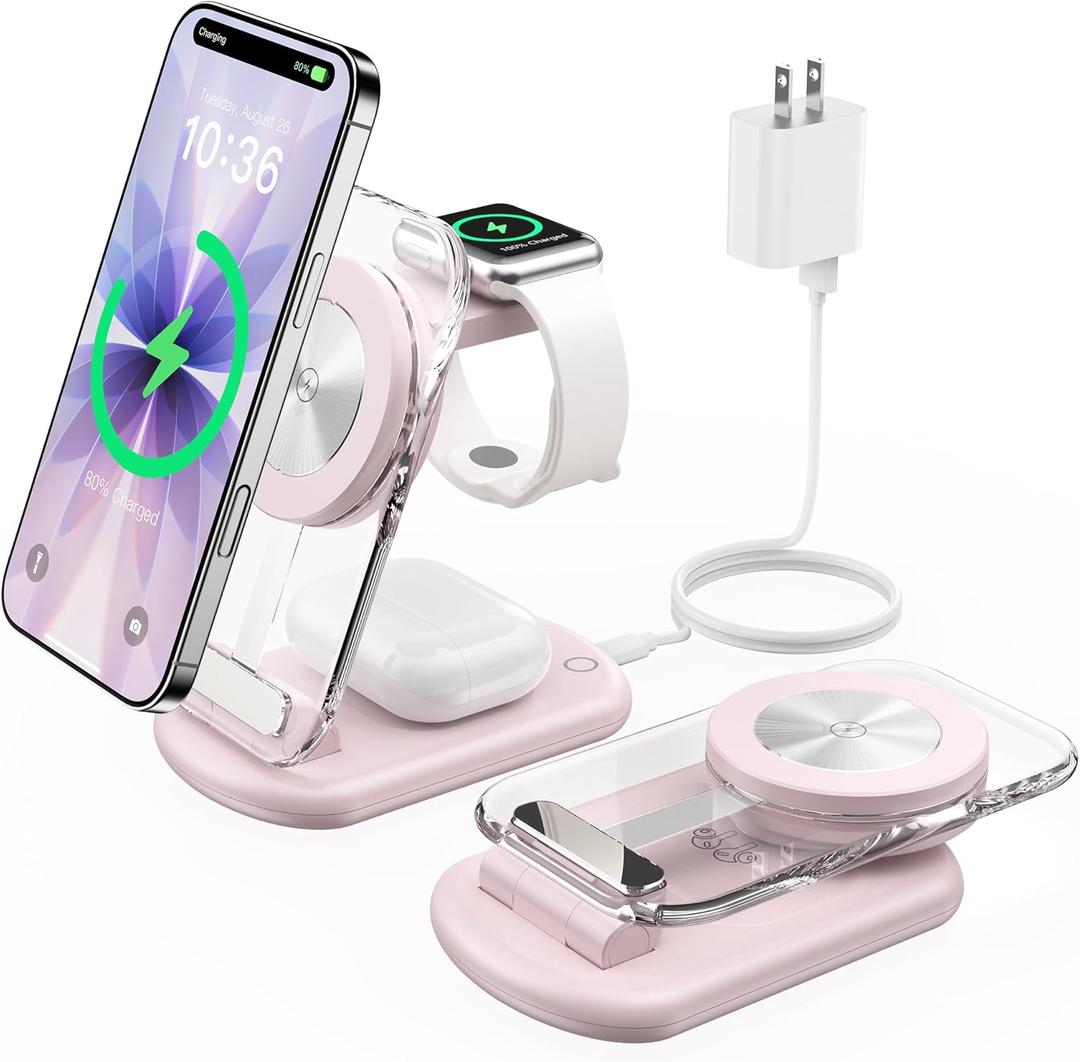 3 in 1 Magnetic Wireless Charging Station for Apple Devices, Fast Foldable Travel Mag-Safe Charger Stand with Night Light for iPhone 17 16 15 14 13 12 Series, Apple Watch/AirPods Pro, PK (Pink)