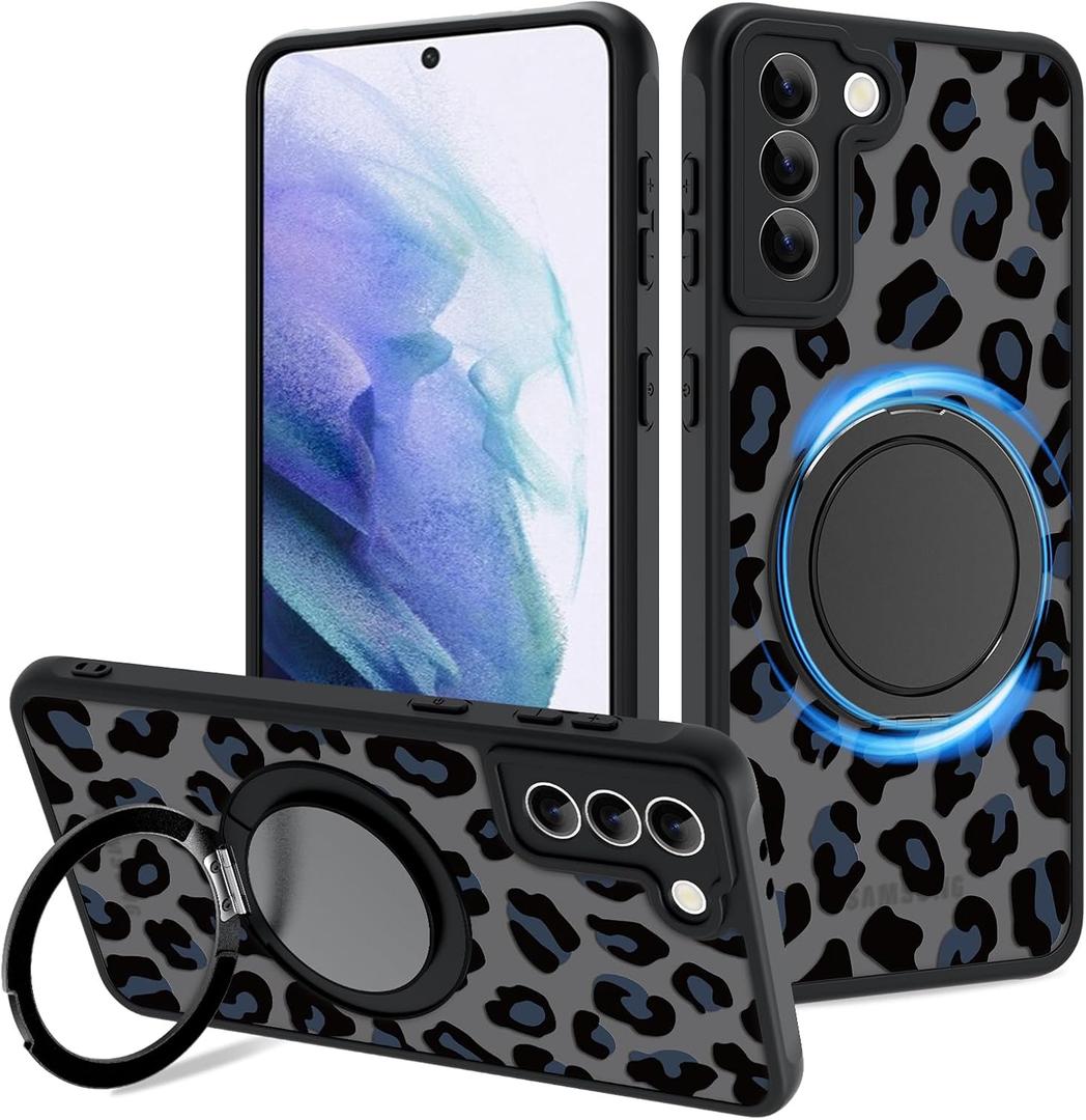 Fiyart Designed for Samsung Galaxy S21 Plus Case Leopard Ring Holder Kickstand Magnetic Bumper Compatible with MagSafe Camera Lens Protection for Women Men Cheetah Print S21+ 6.7"-Black