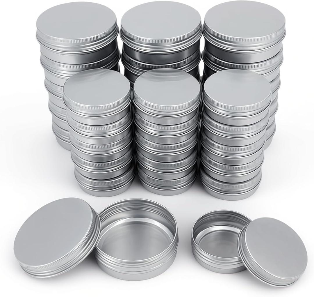 32 Pieces Screw Lid Round Aluminum Tins Empty Metal Jars Spice Lip Balm Candle Storage Containers Travel Cans, 2oz & 1oz Mixed Sizes (Silver)