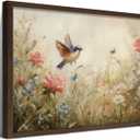 Vintage French Framed Wall Art, Wildflower Meadow Bird Canvas Prints for Living Room, Spring Floral Oil Painting in Wood Frame, Nature Botanical Picture for Bedroom Office 8x10 inch