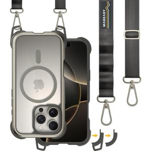MAGEASY Designed for iPhone 16 Pro Case with Strap - 20ft Ultimate Drop Protection Compatible with MagSafe, Transformable 2-in-1 Protective & Lanyard Case, Aluminum Frame | Odyssey Strap M (Titanium)