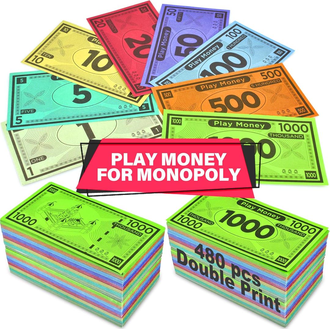 Play Money Suitable for Monopoly Board Game  480 pcs of 60 Each Bill Denomination  Double Sides Printing Paper Money for Pretend Play Cashier, Monopoly Money Refill Packs - 480 pcs