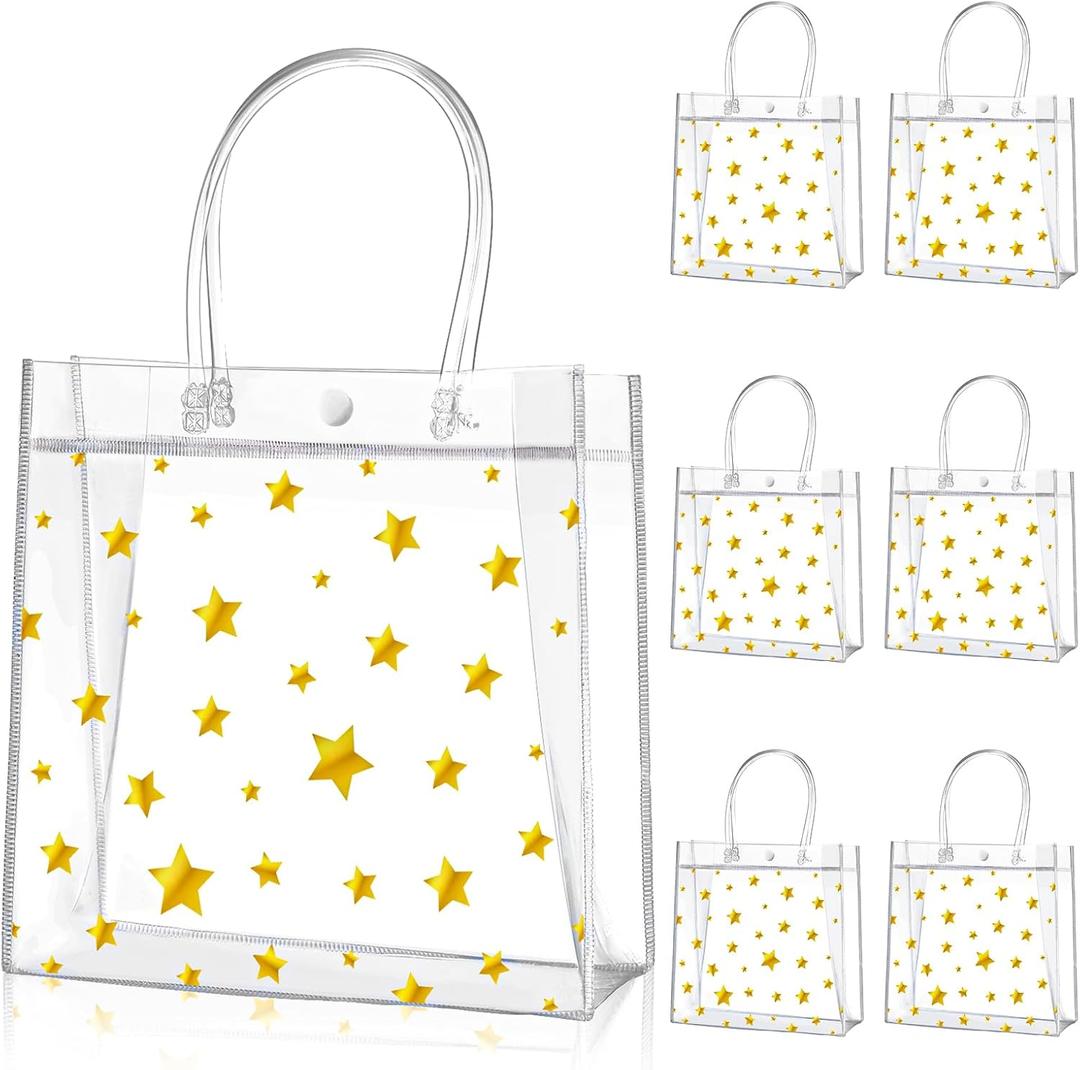 Aliceset 20 Pcs 8 x 8 x 3.15 Inch Clear PVC Gift Bags with Handles Small Gold Foil Star Transparent Star Party Favor Goodie Bags for Baby Shower Birthday Wedding Candy Snack Gift Wrapping