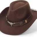 Felt Fedora Western Cowboy Hat for Women Men
Removable Longhorn Bull Buckle Band, Cotton Poly Blend, Roll Sun Wide Brim, Sweatband, Adjustable, Rodeo Cowgirl Wear