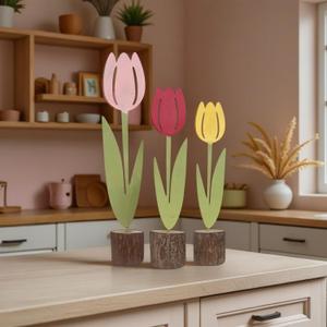 Spring Tulips Metal Flower with Real Wood Base - Rustic Farmhouse Table Centerpiece, Handmade Easter Decor for Tiered Tray, Multicolor Floral Block Alternative, Unique Housewarming Gift for Home Office Shelf