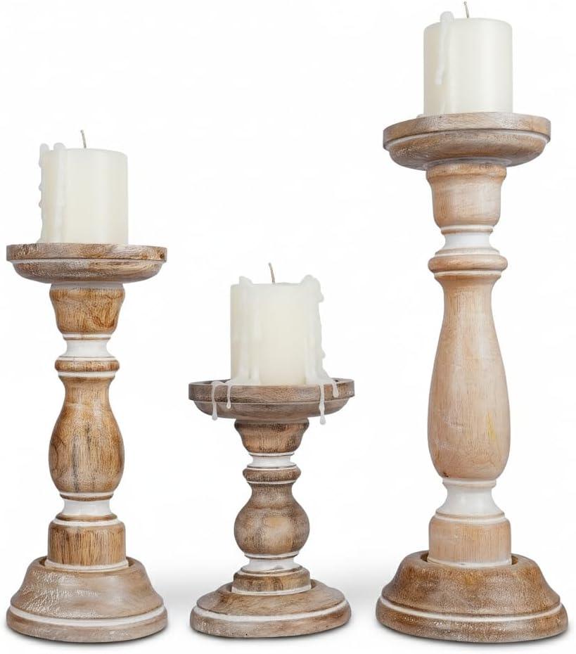 Mela Artisans Wooden Pillar Candle Holders | Tuli Design | Set of 3 Mango Wood Candlesticks | Whitewash | Sizes 6" & 9" & 12" | Decorative Centerpiece for Table | Mantel | Wedding | Living Room Decor