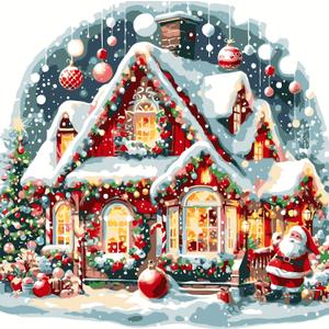 AREOPNMG Christmas House Paint by Numbers Kit for Adults Beginner DIY Winter Iandscaping Painting by Numbers Kits,with 3 Brushes and Acrylic Paint(Without Frame), Home Wall Decor 16 x 16 in