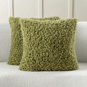 FUTEI Pack of 2 Decorative Throw Pillow Covers 16x16 Inch,Soft Fluffy Faux Wool Fur Boucle Textured Cushion Case,Modern Home Decor for Couch Bed Living Room Office,Olive Green