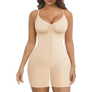SHAPERX Women's Shapewear Bodysuit Tummy Control Seamless Zip-Up Body Shaper Waist Defining Silhouette High Support, Large-X-Large, Beige