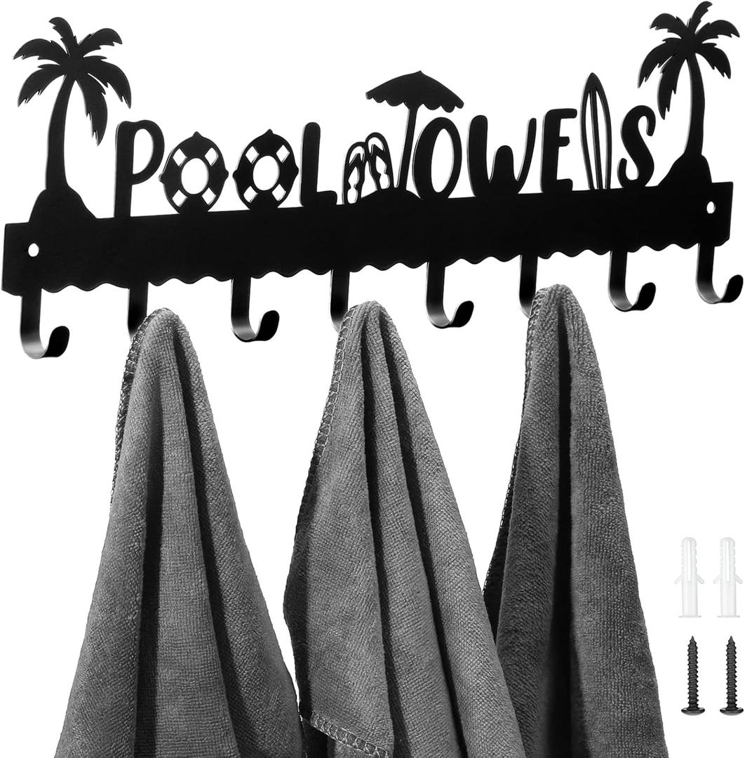 Capoda Pool Towel Rack Metal Towel Hooks Wall Mounted Towel Holder Beach Towel Hook Rack Summer Pool Towel Holder with 8 Hooks for Storage Bath Towel, Robe Swimsuit, Coat, Bags, Phone, Keys(Black)