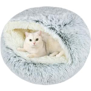 Calming Cat Beds, Fluffy Plush Round Cat Cave Washable, Cozy Warming Anti-Slip Small Dog Bed for Puppy and Kitten, Soft Anti Anxiety Pet Nest (2020 inch, Grey)
