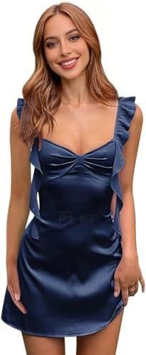 PLKF Ruffles Homecoming Dresses Satin Spaghetti Strap Short Graduation Cocktail Dress for Teens, Navy Blue, Size 6