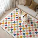 Washable 8x10 Colorful Rainbow Checkered Modern Area Rug for Living RoomCheckerboard Faux Wool Large Rug,Low Pile Lightweight Indoor Carpet with Non-Slip Backing for Bedroom Kids Classroom Playroom