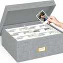 Decorative Photo Storage Box - Linen Photo Box Organizer with Dividers, Fits Holds Up to 1700 Pictures and 4x6 Photos, Memory Keepsake Organizer for Photos, Scrapbook Supplies, Cards, Stamps (Grey)