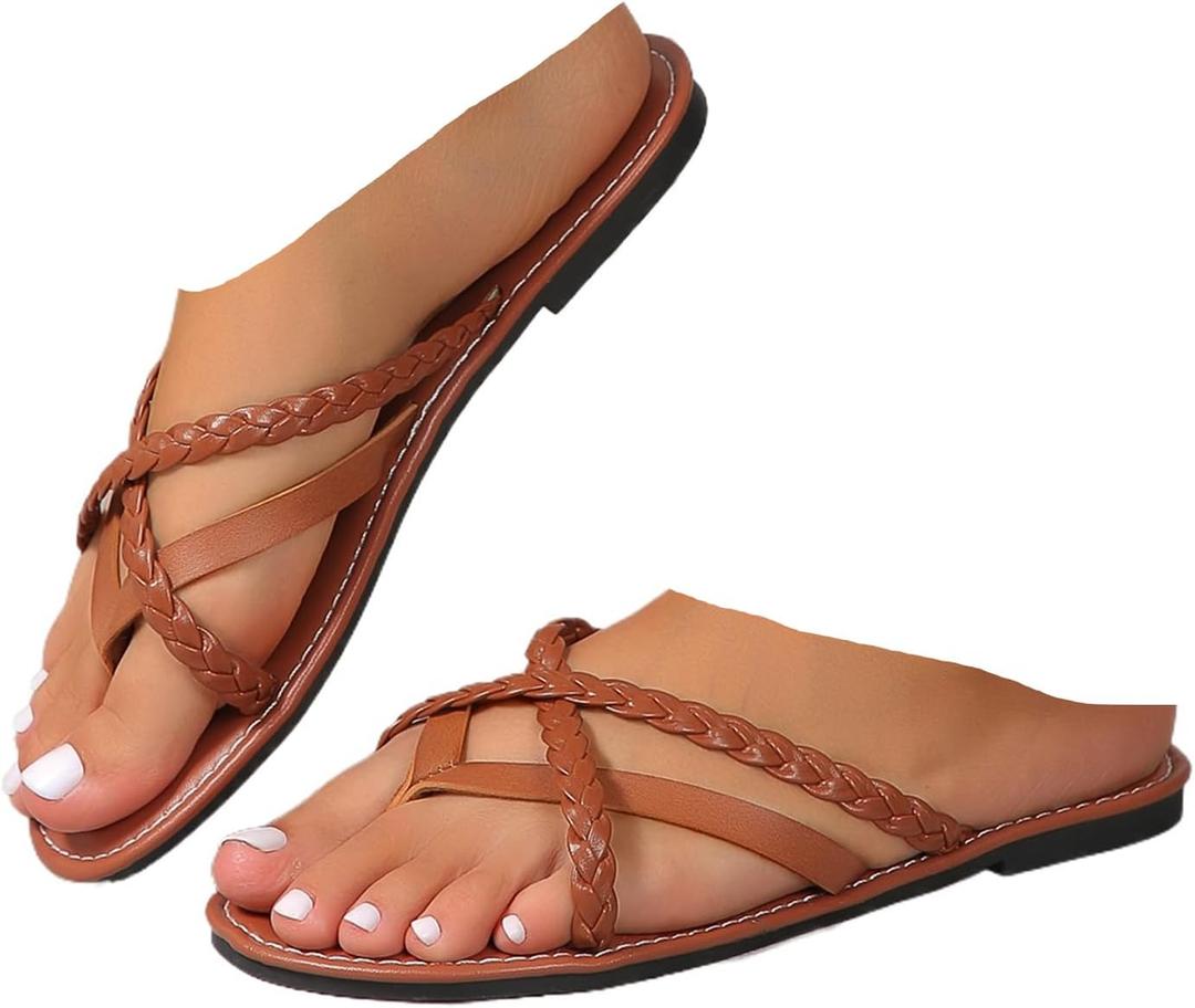 Women's Braided Strappy Flat Sandals Comfort Breathable light Toe Ring Slip On Slippers Summer Casual Vacation Beach Flip Flops Sandals (40, Brown)