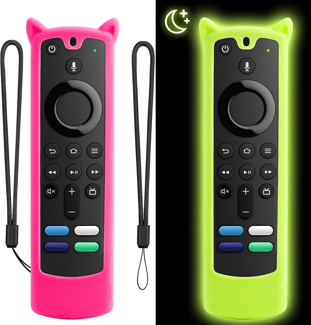 [2 Pack] WEVOVE Firestick Remote Cover Compatible with Alexa Voice Remote 4k/Max/Lite (3rd Gen), Firesticktvs Remote Case with Wrist Strap, Fire Stick Cover Glow in The Dark (Glow Yellow&Rose Red)