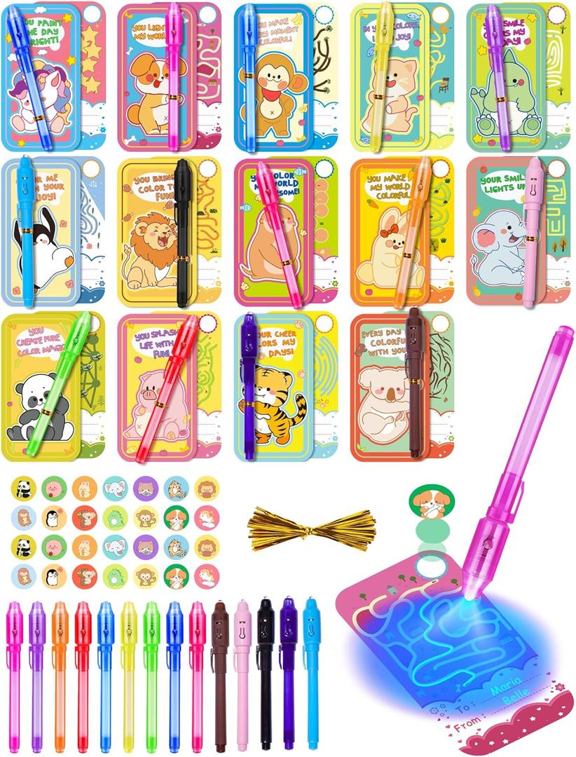 28PCS Valentines Day Gifts with Invisible Ink Pens, Valentines Day Cards for Kids School, Valentines Exchange Gifts for Kids, Valentine School Classroom Exchange Prizes for Girls Boys, toys