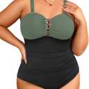 Women Plus Size One Piece Swimsuit - Tummy Control Bathing Suits Ruched Lace up Swimwear Retro Swimsuits 2025 (Olive Green, 16W)