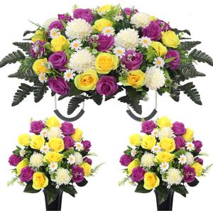 Wocst Cemetery Flowers for Grave,Headstone Flower Saddle 2sets Artificial 24 Heads Large Chrysanthemums Rose Daisy Bouquets with Cemetery Vases for Outdoor Grave Decorations (Purple Yellow, Large)